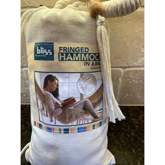 Bliss Hammocks Fringed Hammock in a Bag Cream NEW - Picture 3 of 9